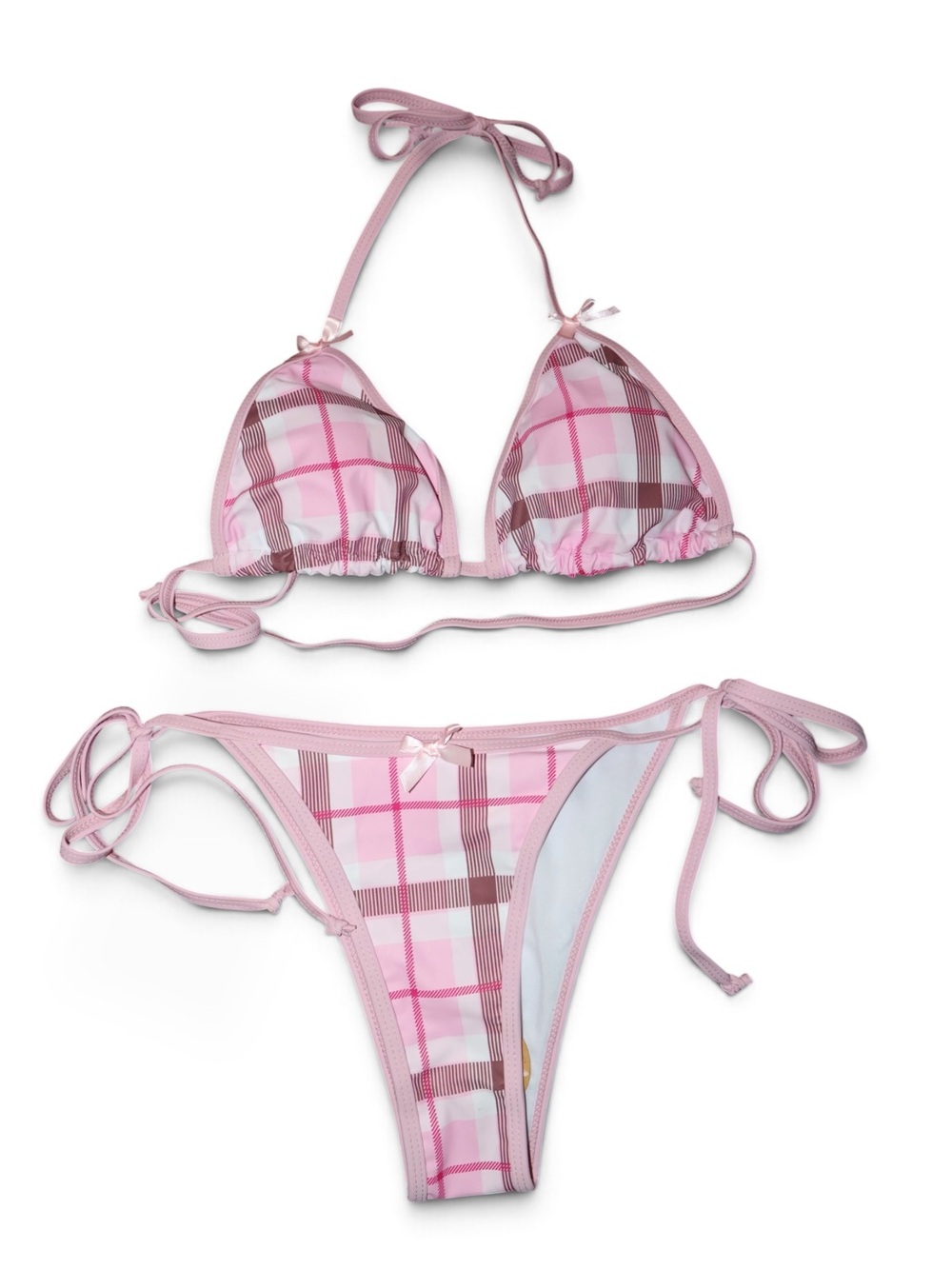 NWT Pink & Brown Plaid Check Triangle Bikini Set with Bows Women’s medium